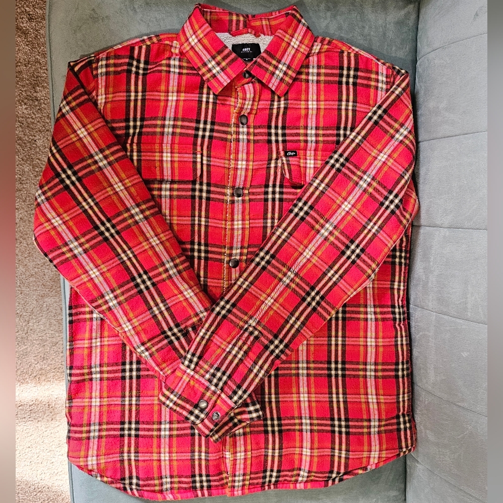 Obey Red Plaid Sherpa Lined Button Down Shirt Jacket Men's Medium